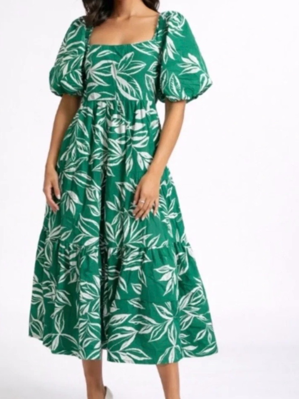 Meadow Rhodes Cotton Tropical Leaf Print Smocked Tiered Dress Small Green